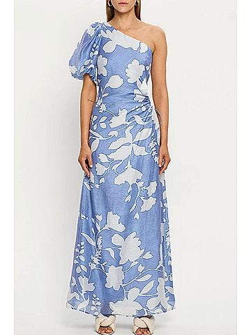 Kivari Amelie One Shoulder Maxi Dress in Cornflower Blue Base (view 2)