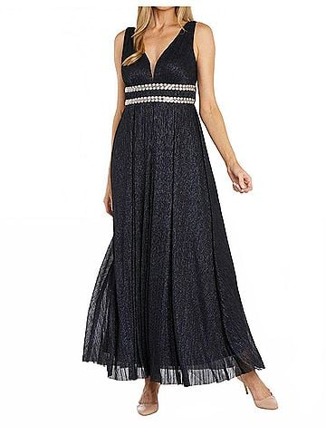 R&M Richards Long Metallic Gown in Navy (view 2)