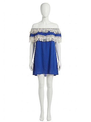 Velzera Off The Shoulder Fringe Mini Dress in Blue (view 1)