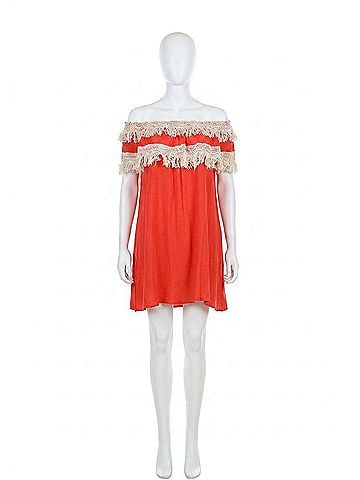 Velzera Off The Shoulder Fringe Mini Dress in Coral (view 1)