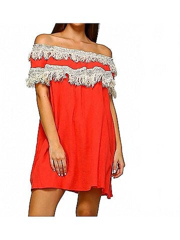 Velzera Off The Shoulder Fringe Mini Dress in Coral (view 2)