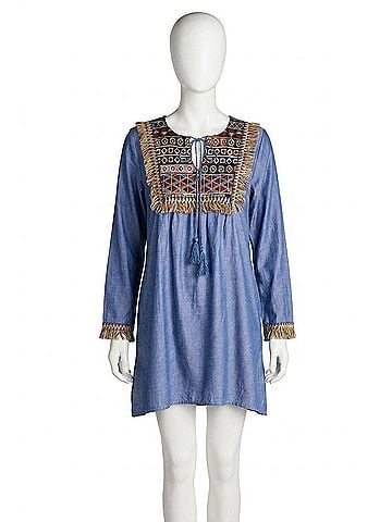 Velzera Fringe Geometric Chambray Mini Dress in Blue (view 1)
