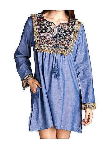 Velzera Fringe Geometric Chambray Mini Dress in Blue (view 2)