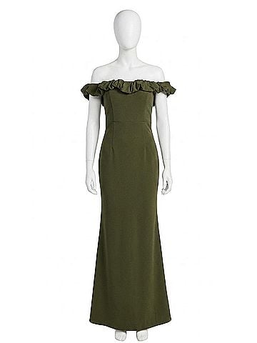 Maniju Ruffle Off The Shoulder Gown in Olive (view 1)