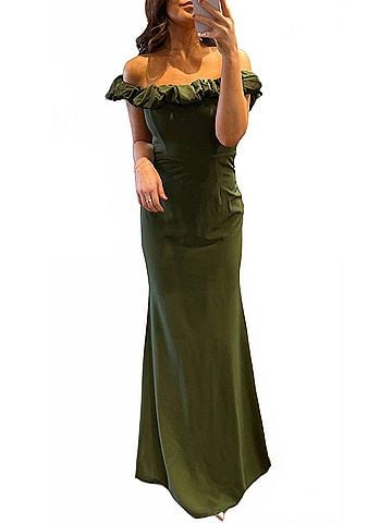 Maniju Ruffle Off The Shoulder Gown in Olive (view 2)