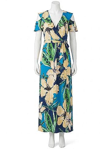 London Times Floral Print Ruffle Cold Shoulder Front Slit Maxi Dress in Blue Yellow (view 1)