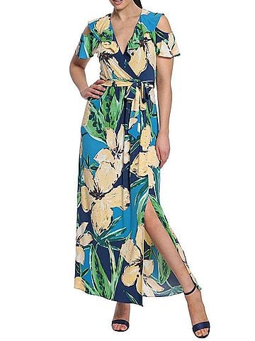 London Times Floral Print Ruffle Cold Shoulder Front Slit Maxi Dress in Blue Yellow (view 2)