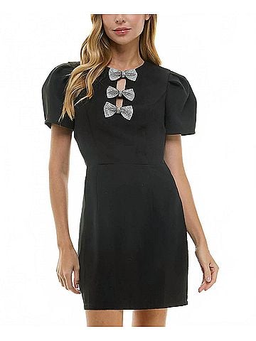 City Studio Rhinestone Bow Puff-Sleeve Mini Dress in Black (view 2)