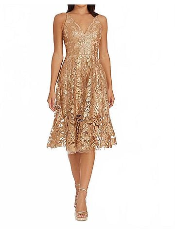 Dress the Population Blair Midi Dress in Gold Nude (view 2)