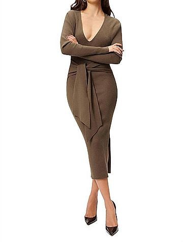 Good American Long Sleeve Belted Body Dress in Sepia (view 2)