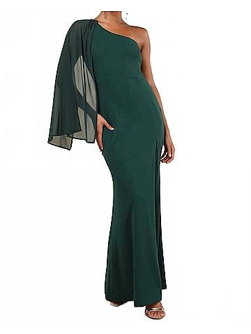 Lulus Majestic Attitude Cape Sleeve One-Shoulder Maxi Dress in Emerald (view 2)