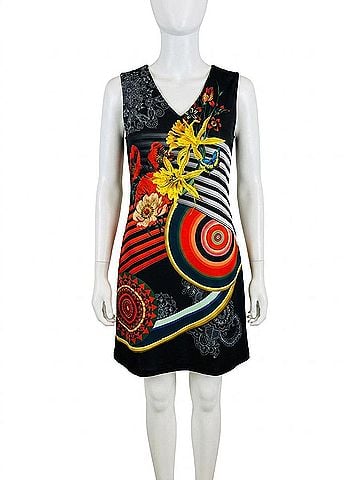 Papillon Women's Floral Kaleidoscope Shift Dress in Black/Yellow/Red (view 1)