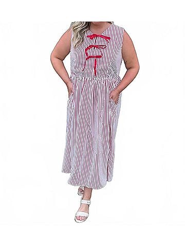 She + Sky Sweet Cherry Stripes Midi Dress in Red (view 2)