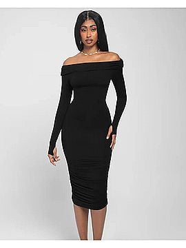 TA3 Shapey Off Shoulder Ruched Midi Dress Regular / Long in Black (view 2)