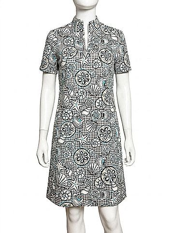 Lulu-B Women's Short Sleeve Zip Top Dress Checkered Seashells &amp; Starfish in Multi (view 1)