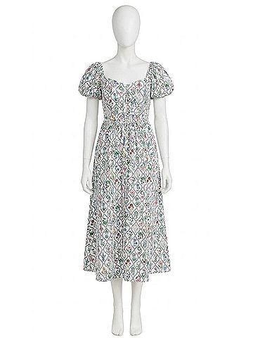 Moon River Puff Sleeve Corset Midi Dress in Ivory Multi (view 1)
