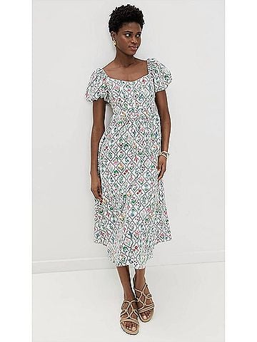Moon River Puff Sleeve Corset Midi Dress in Ivory Multi (view 2)