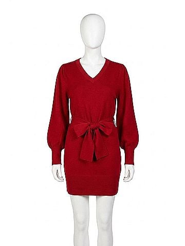 Love Token Short Knit Mini Sweater Dress With Tie in Red (view 1)