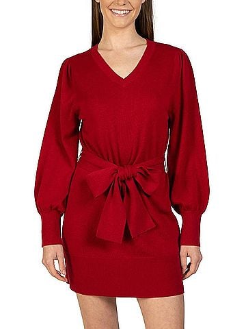 Love Token Short Knit Mini Sweater Dress With Tie in Red (view 2)