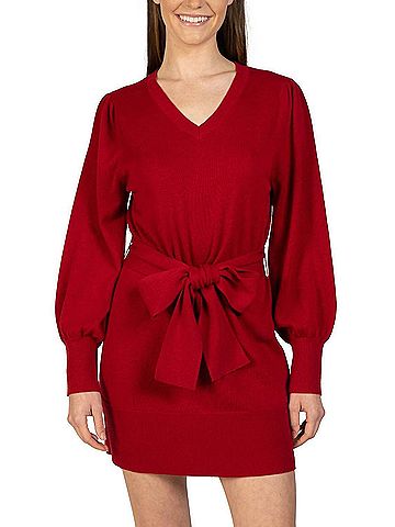 Love Token Short Knit Mini Sweater Dress With Tie in Red (view 2)