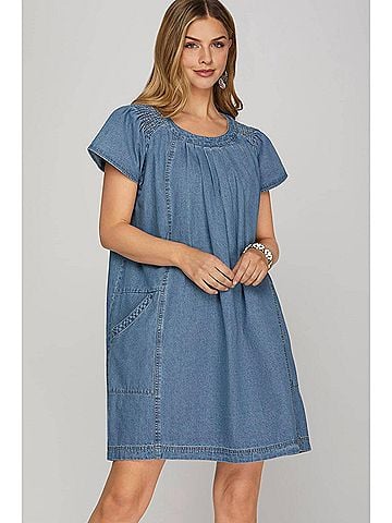She + Sky Smocked Ruffle Dress in Denim (view 2)
