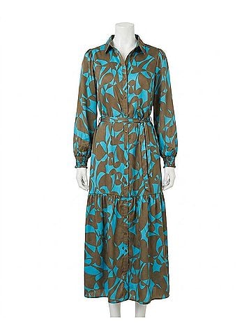 ESQUALO Liva Long Expressive Roots Dress in Peacock Blue And Brown (view 1)