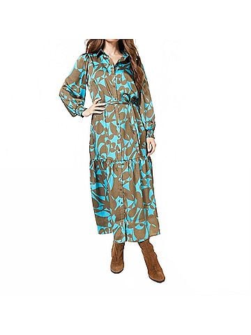 ESQUALO Liva Long Expressive Roots Dress in Peacock Blue And Brown (view 2)