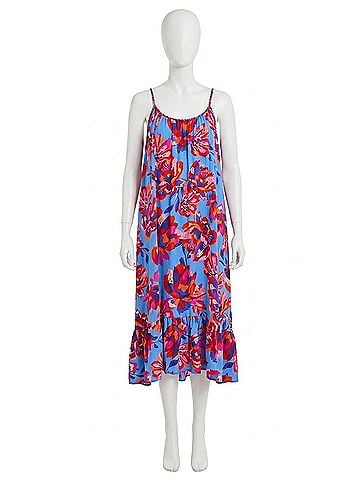 Tribal Braided Straps Flounce-Hem Midi Dress in Turkish Sea (view 1)