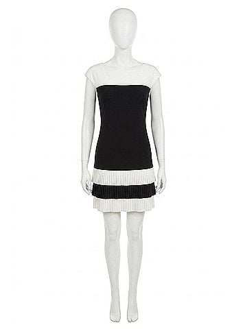 Frank Lyman Design Idina Mini Knit Dress With Pleating in Black And Ivory (view 1)