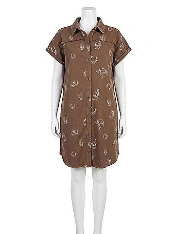 Easel Western Printed Washed Twill Shirt Dress in Coffee (view 1)