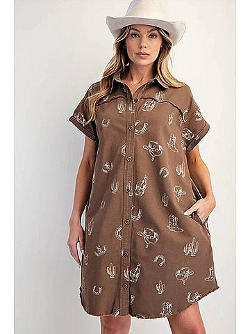 Easel Western Printed Washed Twill Shirt Dress in Coffee (view 2)