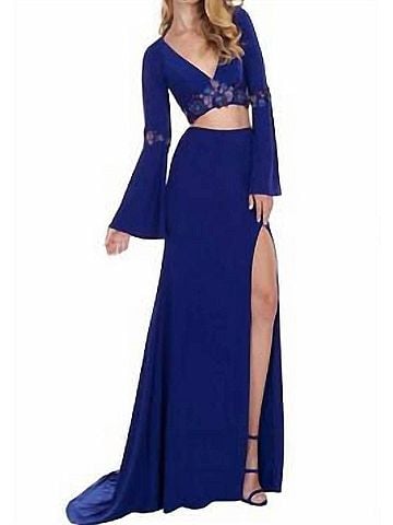 Rachel Allan Long Sleeve 2 Piece Prom Dress in Royal Blue (view 2)