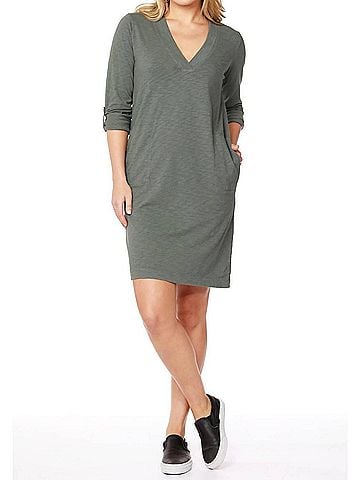 Bobi Sleeve Tab V-Neck Dress in Black (view 2)