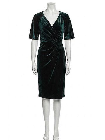 Maggy London Stretch Velvet Wrap Midi Dress in Hunter Green (view 1)