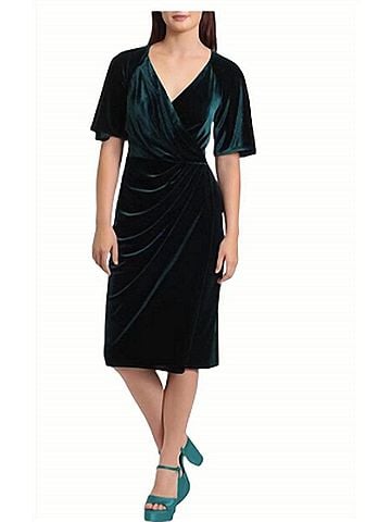 Maggy London Stretch Velvet Wrap Midi Dress in Hunter Green (view 2)