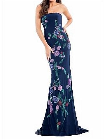 Rachel Allan Strapless Beaded Gown in Navy (view 2)