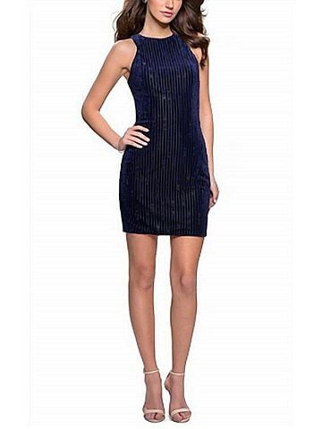La Femme Short Velvet Dress in Navy (view 2)