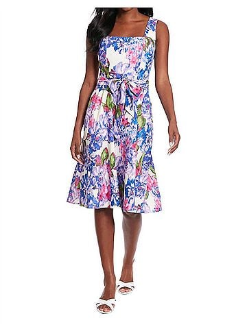 London Times Carmella Floral Linen Dress in Ivory/Lilac (view 2)