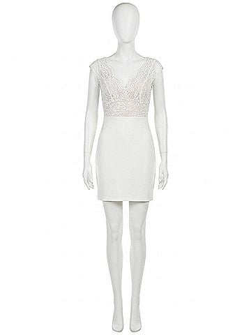 Fanco V Neck Lace Embellished Mini Dress With Stretched Ponti in Ivory (view 1)