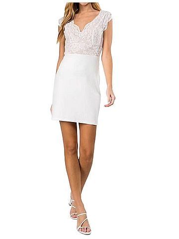 Fanco V Neck Lace Embellished Mini Dress With Stretched Ponti in Ivory (view 2)