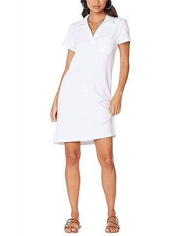 Bobi Collar Short Sleeve Terry Polo Dress in White (view 2)