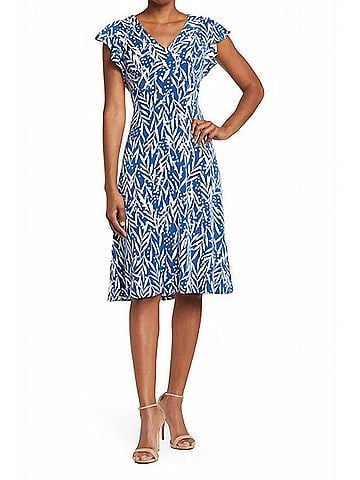London Times Gabrielle Leaf Print Dress in Denim Blue/Soft White (view 2)