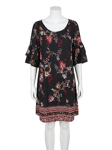 Angie Floral Double Ruffle Sleeve Dress in Black (view 1)