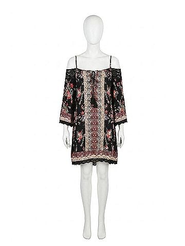 Angie Floral Twin Print Cold Shoulder Dress in Black (view 1)