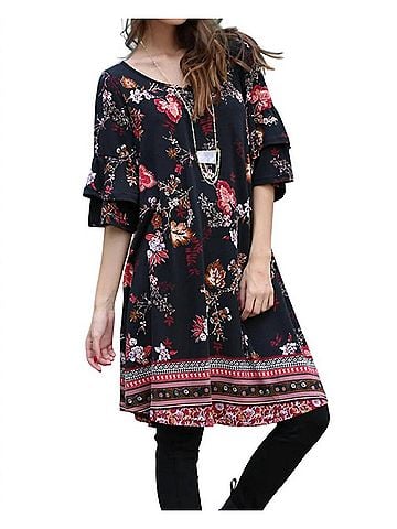 Angie Floral Double Ruffle Sleeve Dress in Black (view 2)