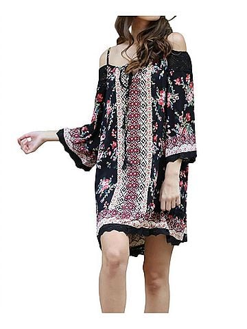 Angie Floral Twin Print Cold Shoulder Dress in Black (view 2)