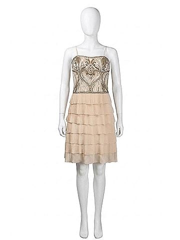 Sue Wong Spaghetti Strap Beaded Accordion Dress in Champagne (view 1)