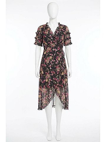 Kensie Faux Tie Front Slit Short Sleeve Fit And Flare Dress in Black (view 1)