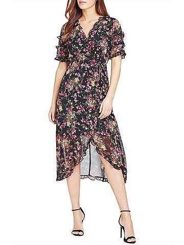 Kensie Faux Tie Front Slit Short Sleeve Fit And Flare Dress in Black (view 2)