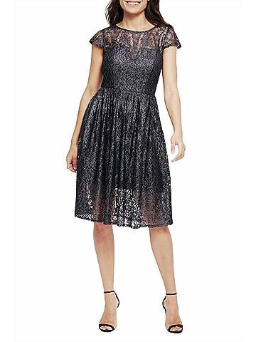 Kensie Foil Lace Short Sleeve Fit And Flare Dress in Black (view 2)